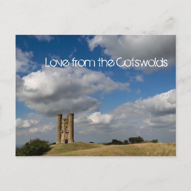 Wolken und Broadway Tower, Cotswolds Text Postkart Postkarte (Vorderseite)