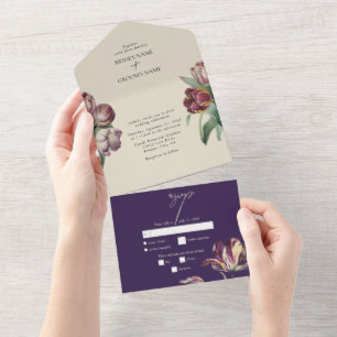 Wolkige Aquarell-Lila-Tulpen-Hochzeit All In One Einladung