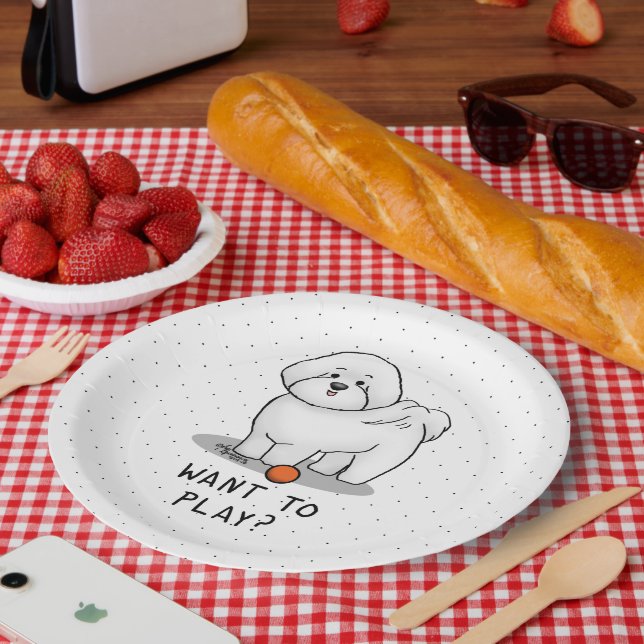 Woll zu spielen? Bichon Frise Hund mit Ball Niedli Pappteller (Picknick)