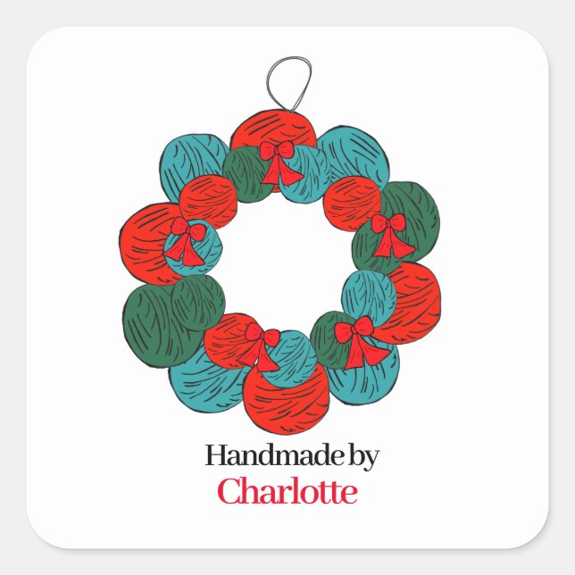 Wolle Pompe Weihnachtskranz handgefertigt Quadratischer Aufkleber (Vorderseite)
