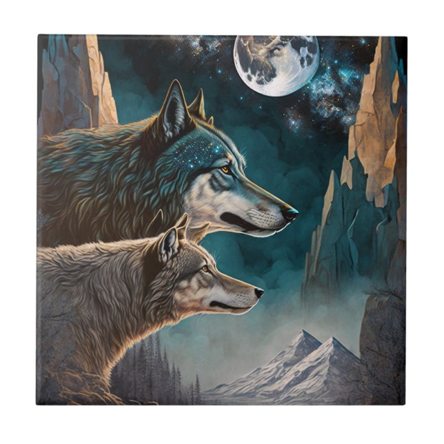 Wolves Full Moon Fantasy Landscape Fliese (Vorderseite)