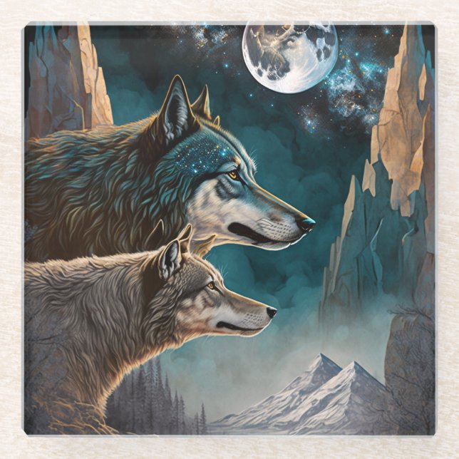 Wolves Full Moon Fantasy Landscape Glasuntersetzer (Vorderseite)
