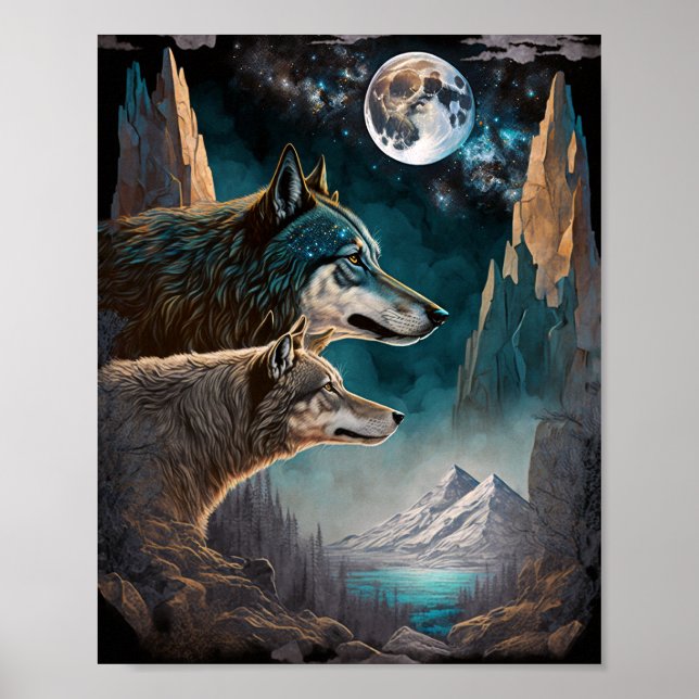 Wolves Full Moon Fantasy Landscape Poster (Vorne)