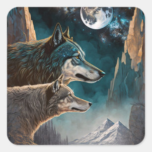 Wolves Full Moon Fantasy Landscape Quadratischer Aufkleber