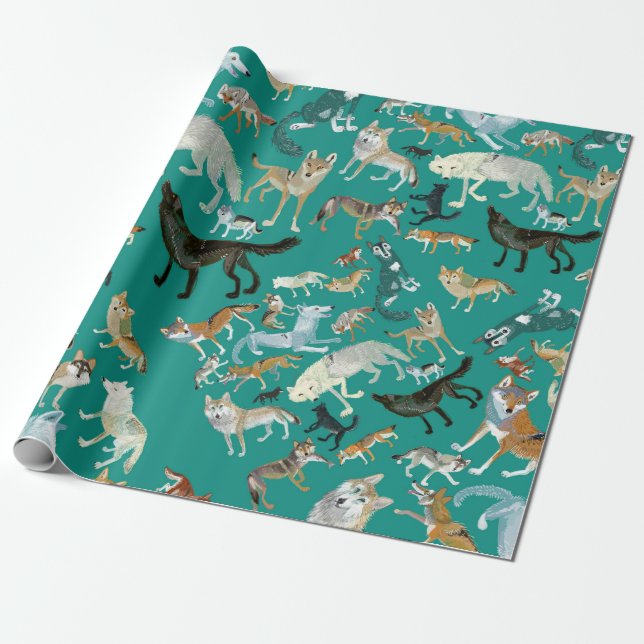Wolves of the World Green Pattern Geschenkpapier (Ungerollt)