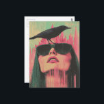 Woman and a Black Bird Postkarte<br><div class="desc">A woman and a black bird with pink crystal tower in the background</div>