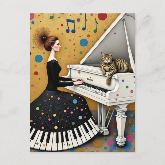 Woman and Cat at Piano Surreal Postkarte (Vorderseite)