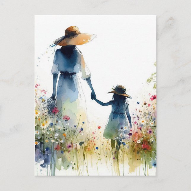 Woman and Child with Flowers Floral Mother's Day Postkarte (Vorderseite)