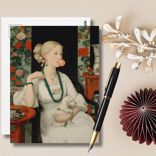 Woman and Dog Pink Bubble Gum Bubble Colorful Postkarte (Von Creator hochgeladen)