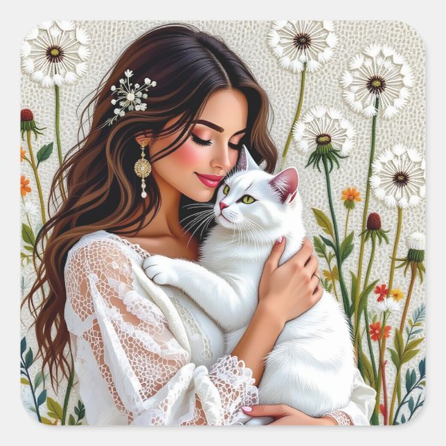 Woman and White Cat and Dandelions  Quadratischer Aufkleber (Vorderseite)