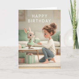 Woman & Baby Bunny in Mint Green Dress Birthday Karte