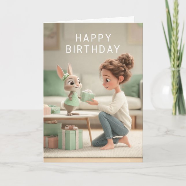 Woman & Baby Bunny in Mint Green Dress Birthday Karte (Vorderseite)