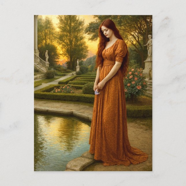 Woman By Garden Pond At Sunset Postkarte (Vorderseite)