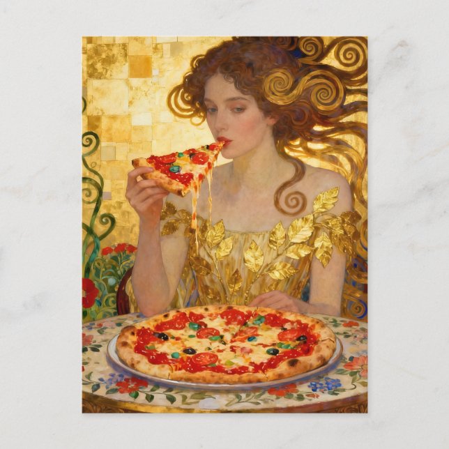 Woman Eating Pizza Faux Klimt Art Postkarte (Vorderseite)