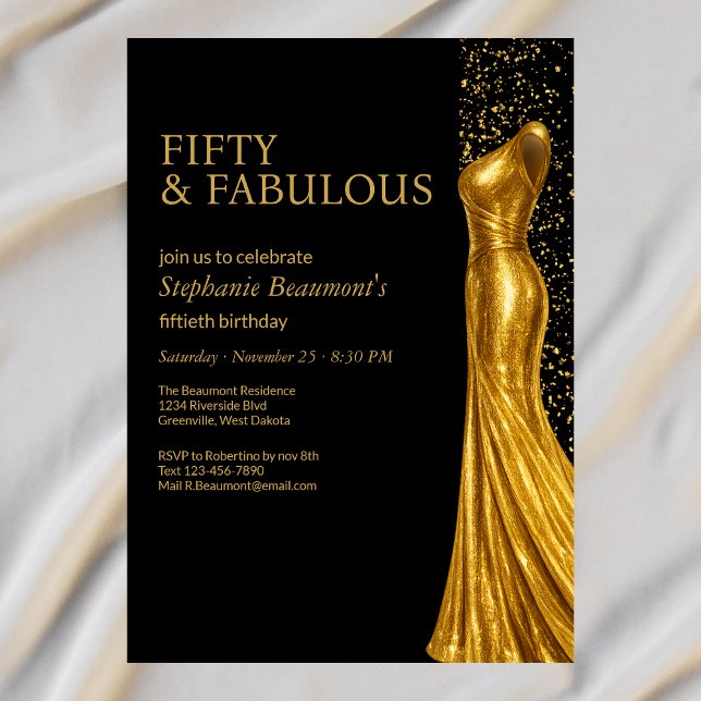 Woman Elegant Fabulous Golden Dress 50th Birthday Einladung (Von Creator hochgeladen)