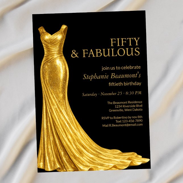 Woman Elegant Fabulous Golden Dress 50th Birthday Einladung (Von Creator hochgeladen)