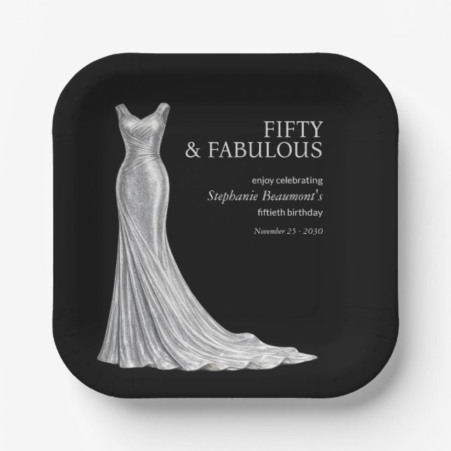 Woman Elegant Fabulous Silver Dress 50th Birthday Pappteller (Vorderseite)