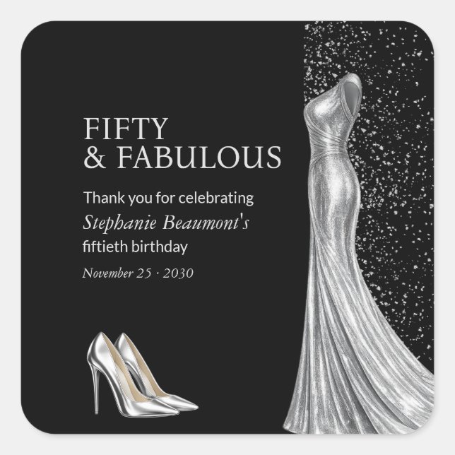 Woman Elegant Fabulous Silver Dress 50th Birthday Quadratischer Aufkleber (Vorderseite)