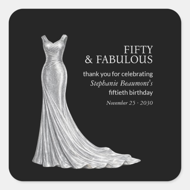Woman Elegant Fabulous Silver Dress 50th Birthday Quadratischer Aufkleber (Vorderseite)