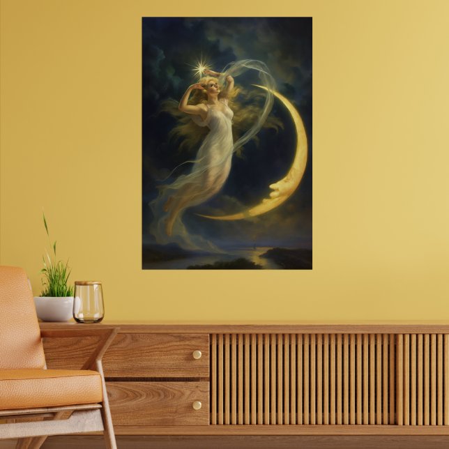 Woman Flying By A Crescent Moon Face Poster (Wohnzimmer 2)