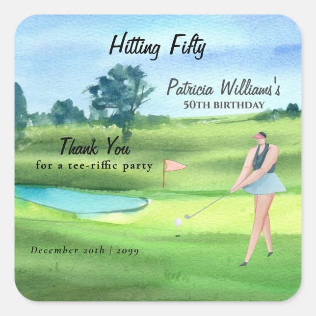 Woman Golf Player Hitting Fifty 50th Birthday Quadratischer Aufkleber (Vorderseite)