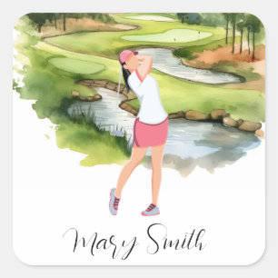 Woman Golfer ist Golf auf dem Golfplatz Aquarell Quadratischer Aufkleber