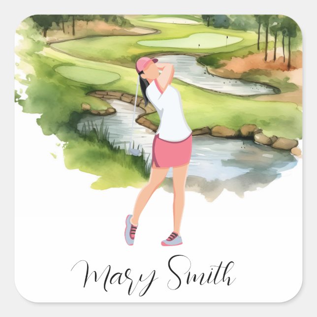 Woman Golfer ist Golf auf dem Golfplatz Aquarell Quadratischer Aufkleber (Vorderseite)