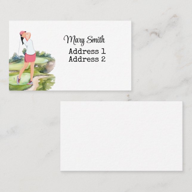 Woman Golfer ist Golf auf dem Golfplatz Aquarell Visitenkarte (Vorne/Hinten)