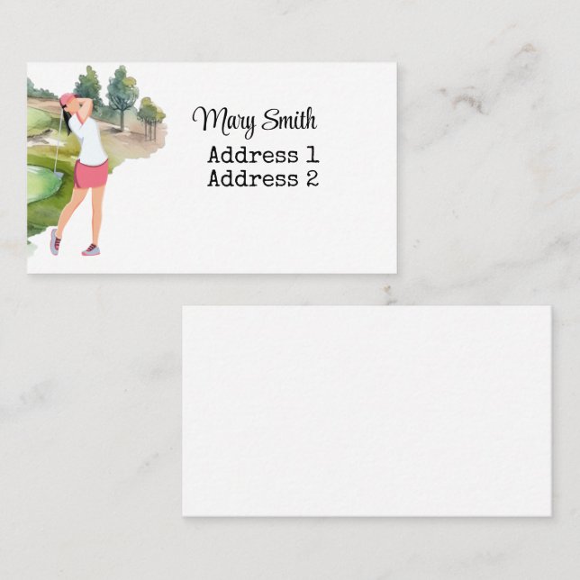 Woman Golfer ist Golf auf dem Golfplatz Aquarell Visitenkarte (Vorne/Hinten)