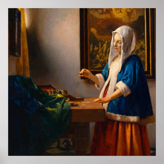 Woman Holding a Balance by Johannes Vermeer Poster (Vorne)