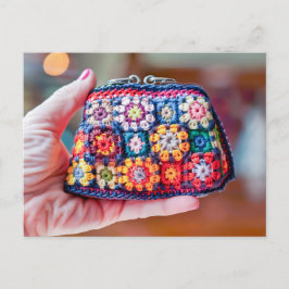 Woman Holding a Crocheted Coin Purse Made From Gra Postkarte