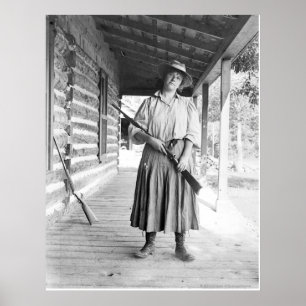 Woman holding a rifle on a porch poster