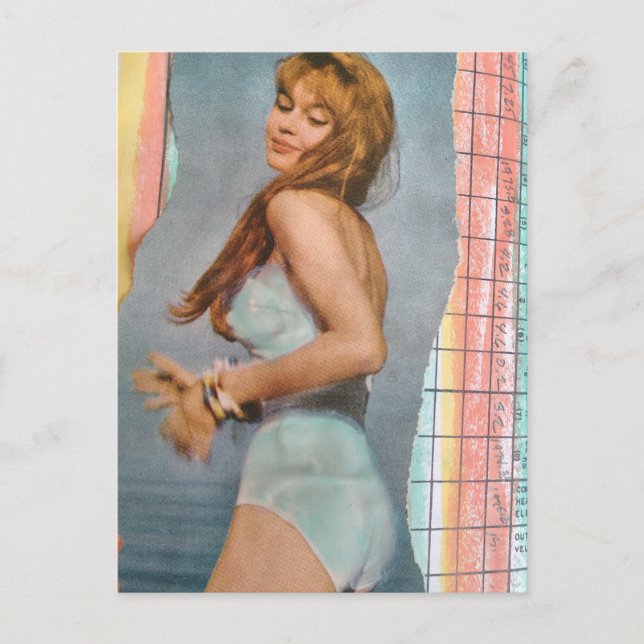 Woman in 1957 on the beach mixed media collage postkarte (Vorderseite)