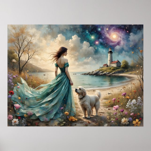 Woman in blue gown on beach with dog, lighthouse. poster (Vorne)