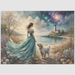 Woman in blue gown on beach with dog, lighthouse. seidenpapier