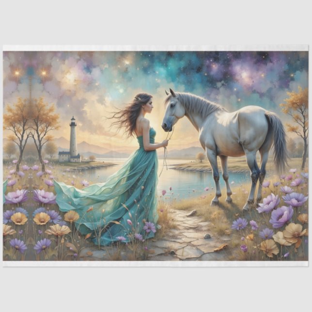 Woman in blue gown on beach with horse,lighthouse. seidenpapier (Vorderseite)