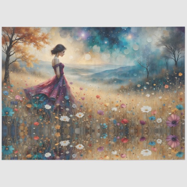 Woman in colorful gown on hill of flowers seidenpapier (Vorderseite)