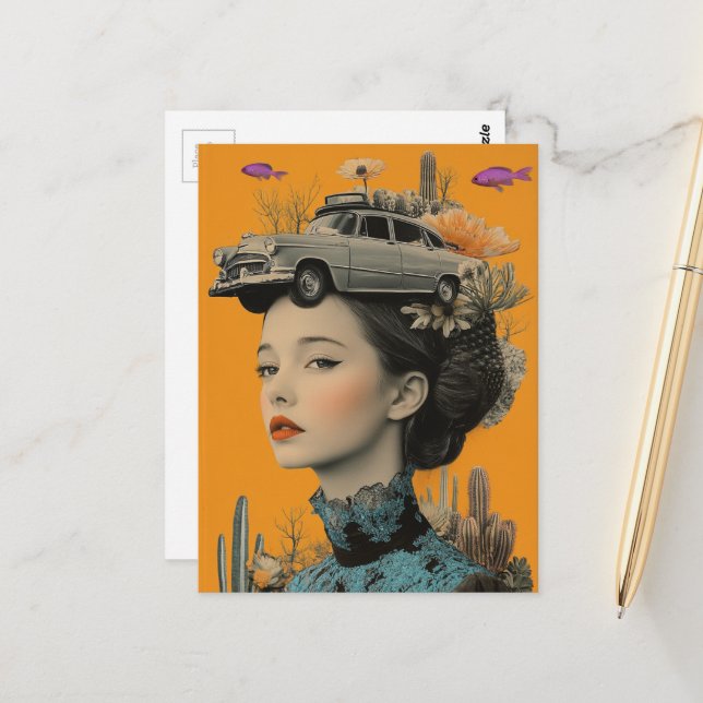 Woman in Desert with fish and car Surreal collage Postkarte (Vorderseite/Rückseite Beispiel)