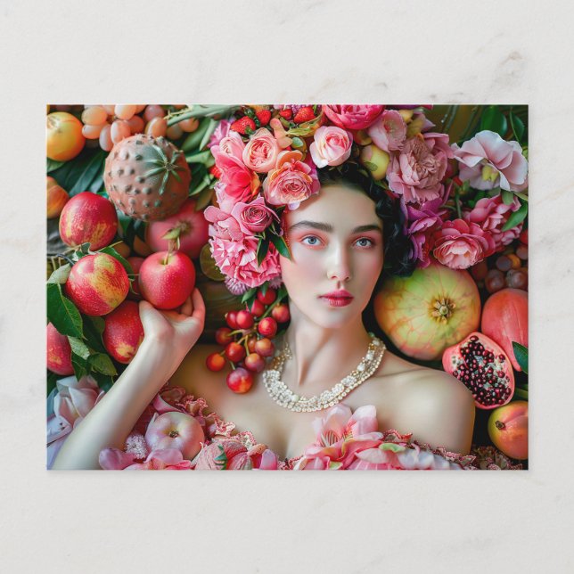 Woman in floral dress with fruit display postkarte (Vorderseite)