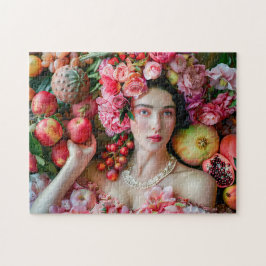Woman in floral dress with fruit display puzzle
