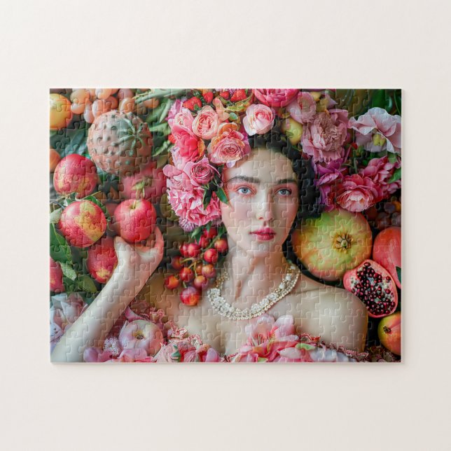 Woman in floral dress with fruit display puzzle (Horizontal)