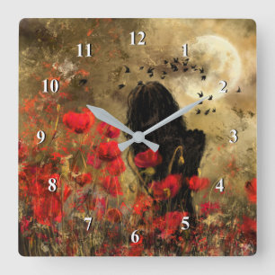 Woman In Poppy Field Original Painting Wall Clock Quadratische Wanduhr