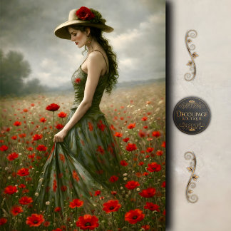 Woman in Poppy Field Summer Meadow Decoupage Seidenpapier
