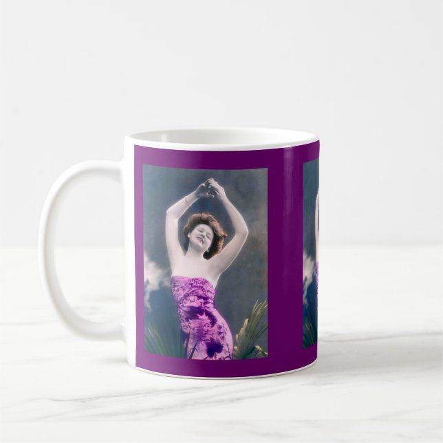 woman in purple sarong , arms raised as if dancing kaffeetasse (Links)