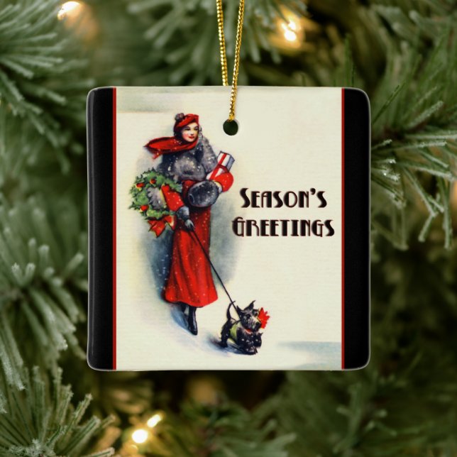 Woman in red coat shopping with Scottish Terrier Keramikornament (Baum)