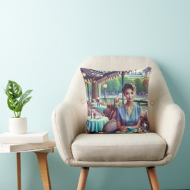 Woman in restaurant Throw Pillow Kissen