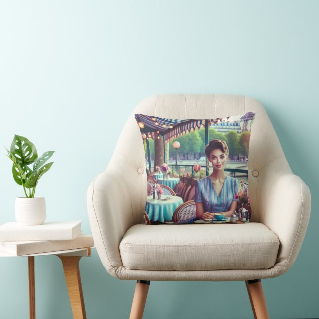 Woman in restaurant Throw Pillow Kissen (Stuhl )