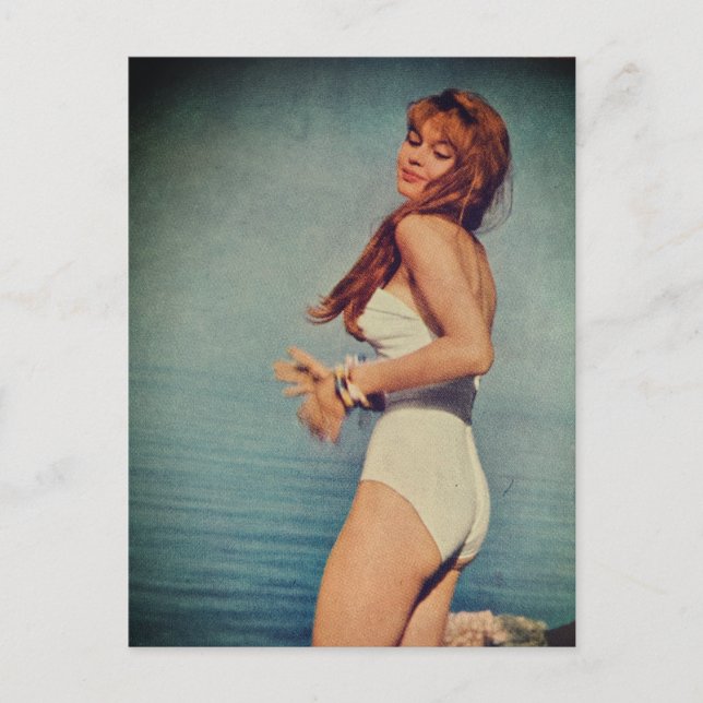 Woman in White Swimsuit on the beach in 1957  Postkarte (Vorderseite)