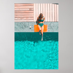 Woman lying beside swimming pool in the morning poster