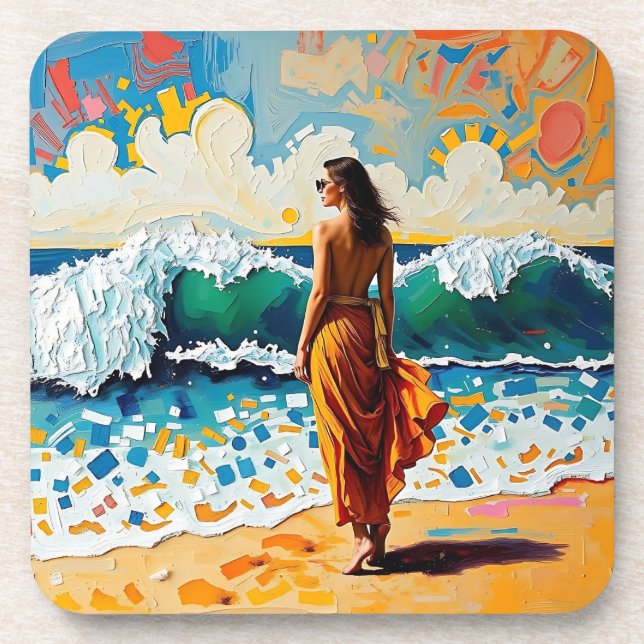 Woman on Beach Abstract Seaside Art Personalized Getränkeuntersetzer (Vorderseite)